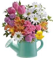 a water can of spring flowers